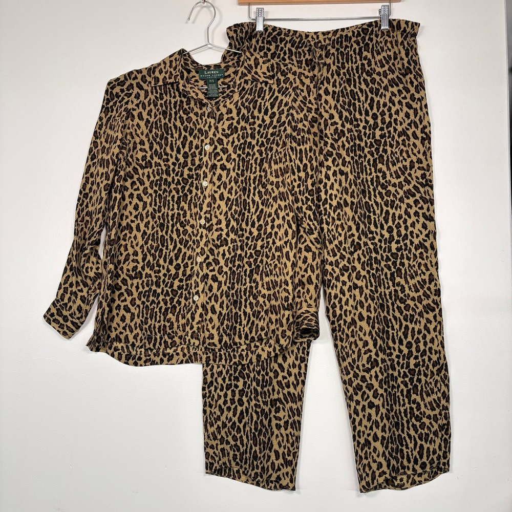 Lauren Ralph Lauren Women Pajama Set P/S Brown LeopardPrint 100% Silk 2pc Petite